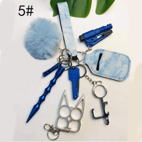 Self Defense Keychain Suit Personal Keychain For Girls Women Safety Key Ring With Hand Sanitizer Bottle Holder Pompom Whistle (Color: Blue color 11piece set)